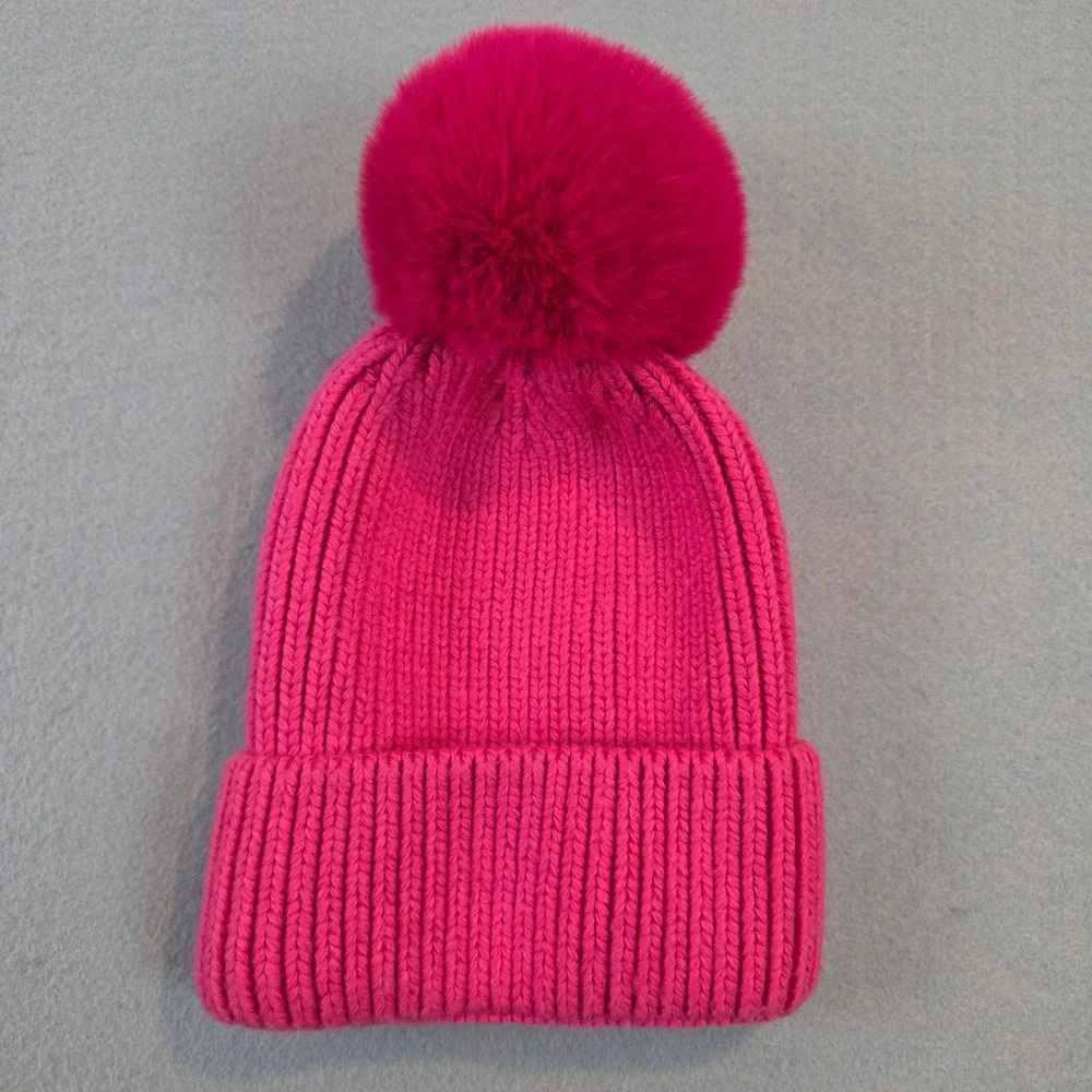 Norla Canada Hot Pink Alpaca Wool Blend Ribbed Knit Beanie Faux Fur Pom Pom Hat